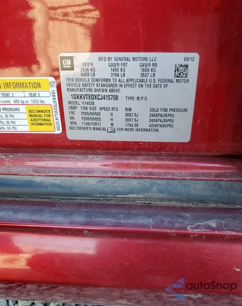 2012 GMC Acadia Denali z USA, uszkodzony, nr VIN 1GKKVTEDXCJ415708